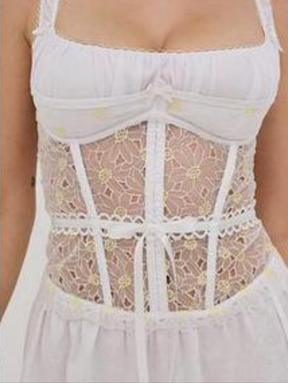 For Love And Lemons HoneymSheer Lace Bustier Chemise - White with Yellow Accents